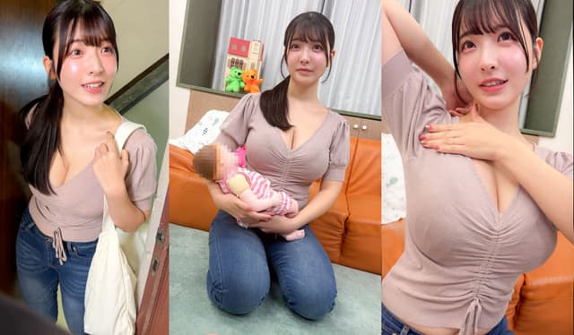 DEBZ-015 白いバッグを持って微笑む姿と人形を抱く様子、胸を強調した3分割カット