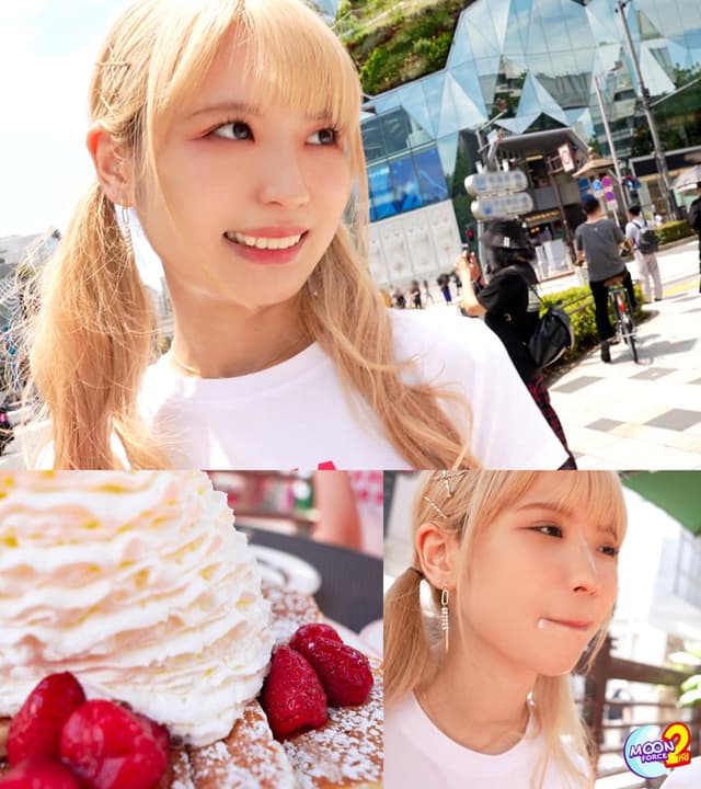 MFCS-139 街中で笑顔でカメラ目線、白Tシャツ姿の金髪ツインテがパンケーキを前に嬉しそう