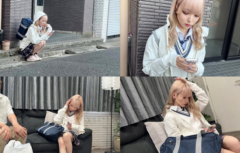 SMJX-300 制服姿で路地にしゃがみ込みスマホをいじる