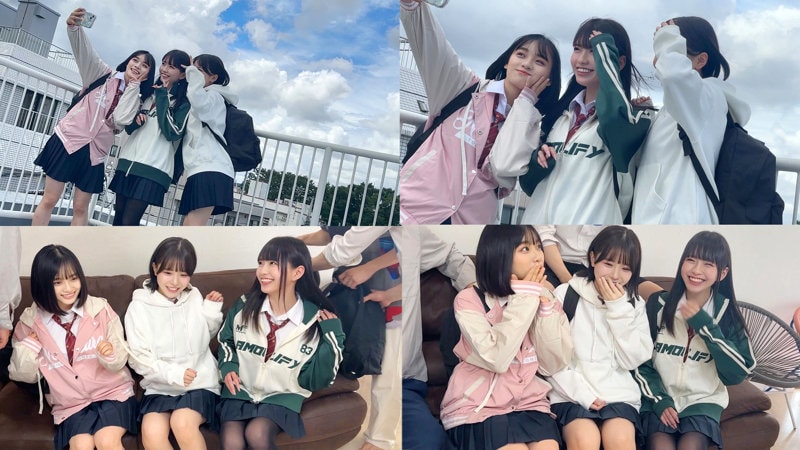 SMUW-032 制服姿で笑顔の3人組がソファで寄り添う